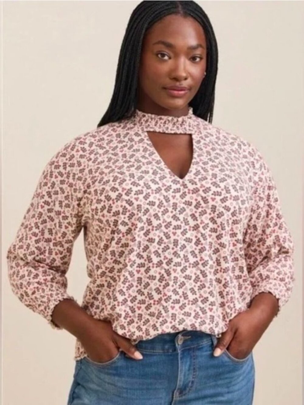 Torrid High Neck Pink Floral Blouse Long Sleeve Cut-Out Shirt Easter Top Plus 4X